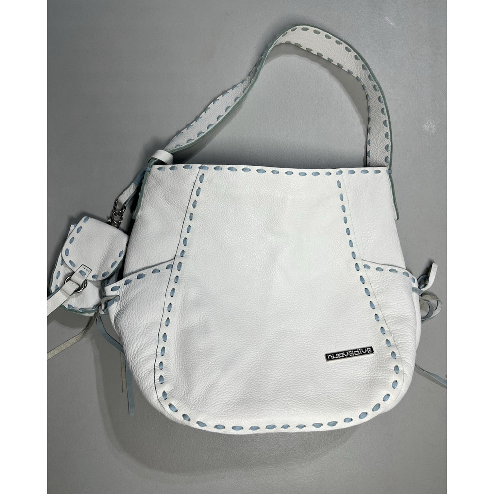 Nuovedive Leather Handbag Shoulder Bag White Pebbled Leather Contrast Stitch